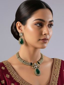 Auraa Trends - Two-Tone Finish Kundan Polka and Green Stone Jewellery Set