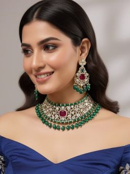 Auraa Trends - Gold Finish Kundan Polka and Multi-Coloured Jewellery Set