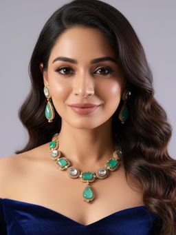 Auraa Trends - Gold Finish Kundan Polka and Green Stone Jewellery Set