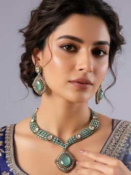 Auraa Trends - White Finish Zircon and Turquoise Stone Jewellery Set
