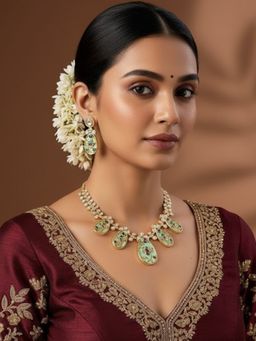 Auraa Trends - Gold Finish Kundan Polka and Green Stone Jewellery Set