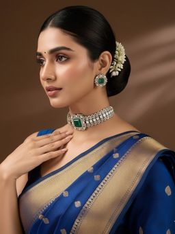 Auraa Trends - Gold Finish Kundan Polka and Emerald Green Stone Choker Jewellery Set