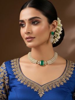 Auraa Trends - Gold Finish Kundan Polka and Green Stone Choker Jewellery Set