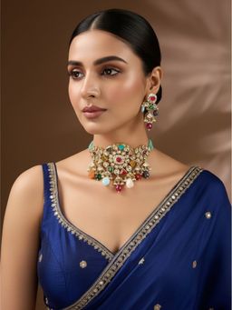 Auraa Trends - Gold Finish Kundan Polka and Semi-Precious Stone Choker Jewellery Set