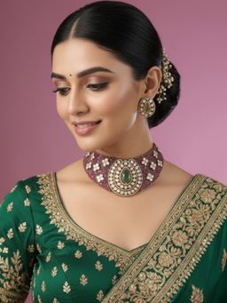 Auraa Trends - Multi-Colour Kundan Choker Green Stone Jewellery Set