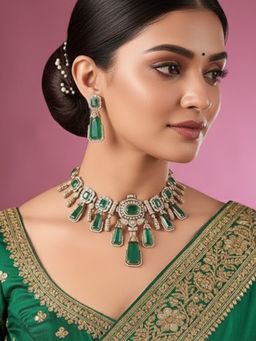 Auraa Trends - Royal Green Stone Kundan Jewellery Set