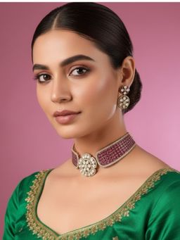 Auraa Trends - Floral Kundan and Pink Stone Choker Jewellery Set