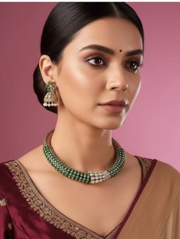 Auraa Trends - Emerald Green Beaded Choker Jewellery Set