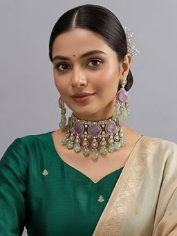 Auraa Trends - Designer Purple Stone and Mint Green Beads Kundan Choker Jewellery Set