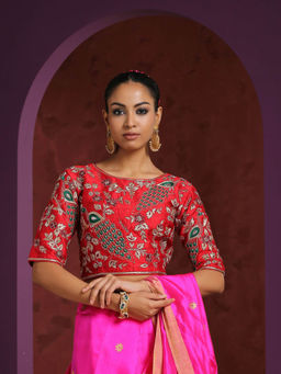 WeaverStory - Handcrafted Red Raw Silk Zardozi Blouse with Meena Work
