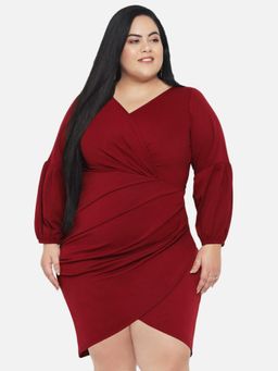 Martini - Maroon Curve Plus Size Bishop Sleeve Wrap Bodycon Dress