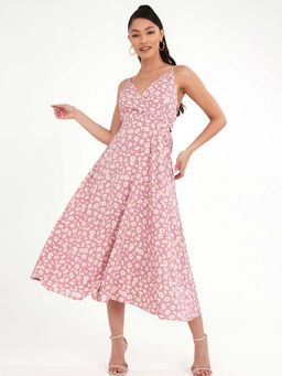 Styli - Pink Strappy Daisy Print A-line Midi Dress With Bow Tie Back Detail