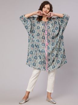 Jaipur Kurti - Blue Mirror Work Printed Kaftan with Cotton Pants (Set of 2)