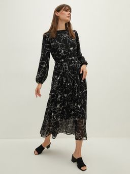 LC WAIKIKI - Crew Neck Floral Print Long Sleeve Chiffon Womens Dress With Belt