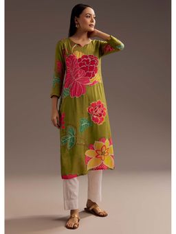 KALKI FASHION - Mehendi Green Floral Print Crepe Kurta with Beads Detailing