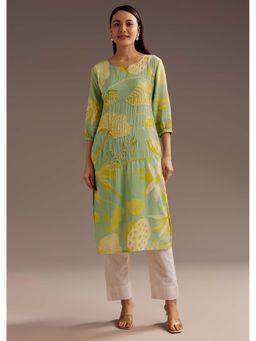 KALKI FASHION - Pista Green Floral Print Crepe Work Kurta
