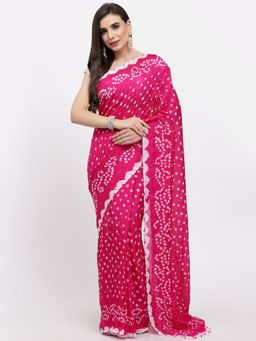KISHORI - Women Bandhani Print Silk Saree & Blouse Pink with Unstitched