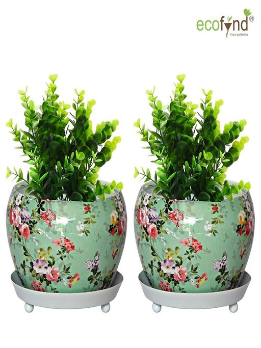 Ecofynd Lily Green Floral Metal Pot With Saucer Plate (Set Of 2)