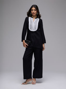 Gajra Gang - Black Rayon Embellished Tunic Straight Pant Co-Ord Set Chalk And Slate (Set of 2)