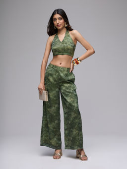 Gajra Gang - Green Satin Abstract Print Halter Neck Crop Top With Pant Boho Naari (Set of 2)