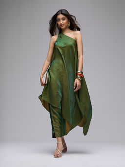 Gajra Gang - Green Metallic Tissue Asymmetric Kurta Straight Pant Set Boho Naari (Set of 2)