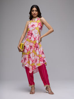 Gajra Gang - Mustard and Pink Poly Silk Floral Printed Asymmetrical Kurta La Dolce Vita