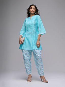 Gajra Gang - Blue Schiffli Kurta with Tie Dye Salwar Seamance (Set of 2)