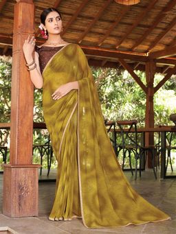 Odette - Womens Georgette Olive Printed Saree with Unstitched Blouse