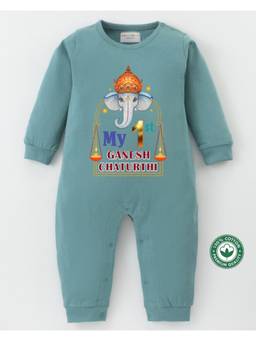 BLUSHES - Full Sleeve Ganesh Chaturthi Printed Romper-Teal