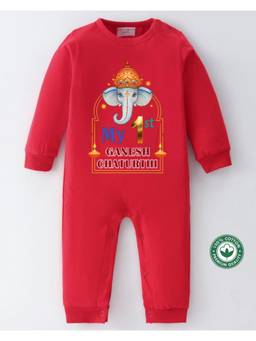 BLUSHES - Full Sleeve Ganesh Chaturthi Printed Romper-Red