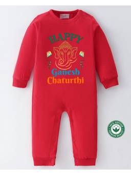 BLUSHES - Full Sleeve Ganesh Chaturthi Printed Romper-Red