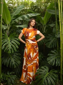 Poppi - Brown Fall Floral Printed Maxi Dress