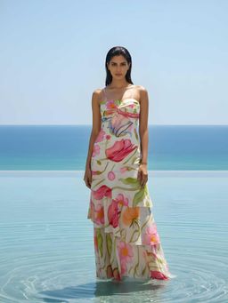 Poppi - Pink Breeze Floral Printed Ruffled Maxi Dress