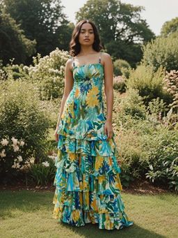 Poppi - Green Mint Floral Printed Ruffled Maxi Dress