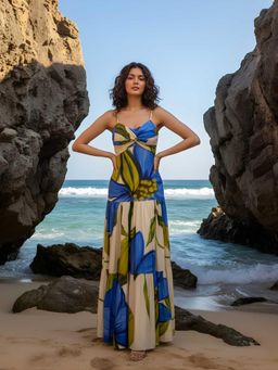 Poppi - Blue Cobalt Floral Printed Maxi Dress