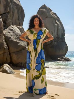 Poppi - Blue Cobalt Floral Printed V-Neck Maxi Dress