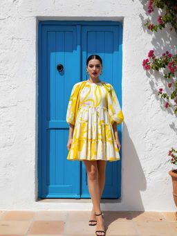 Poppi - Yellow Summer Floral Printed Mini Dress