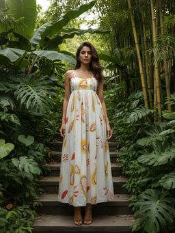 Poppi - Ivory Paisley Printed Pleated Dress