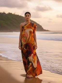 Poppi - Brown Valley Abstract Printed Kaftan Dress