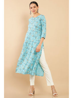 Soch - Powder Blue Rayon Floral Print Straight Fit Kurta