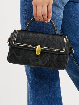 Styli - Women Black Textured Stitch Detail Flap Handbag with Detachable Strap