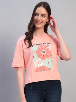 Cantabil - Womens Floral Peach Round Neck Half Sleeves Casual T-Shirt