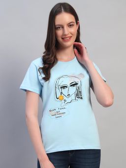 Cantabil - Womens Printed Sky Blue Round Neck Half Sleeves Casual T-Shirt