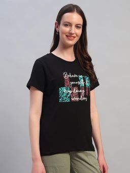 Cantabil - Womens Printed Black Round Neck Half Sleeves Casual T-Shirt