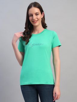 Cantabil - Womens Printed Green Round Neck Half Sleeves Casual T-Shirt
