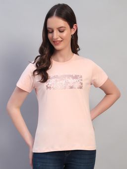 Cantabil - Womens Printed Light Pink Round Neck Half Sleeves Casual T-Shirt