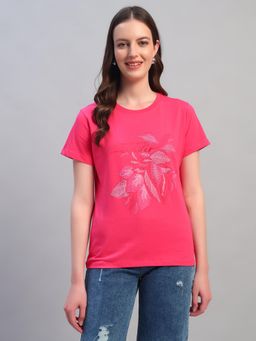 Cantabil - Womens Printed Fuchsia Round Neck Half Sleeves Casual T-Shirt