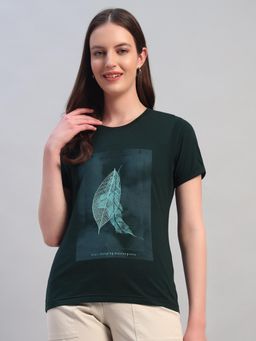 Cantabil - Womens Printed Bottle Green Round Neck Half Sleeves Casual T-Shirt