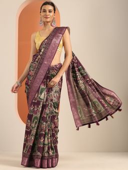 Libas - Burgundy Tribal Printed Saree with Unstitched Blouse