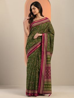 Libas - Green Floral Printed Saree with Unstitched Blouse